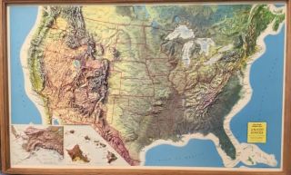 Rand Mcnally Raised Relief Map Of United States In Color W Wooden Frame 21”x 34”