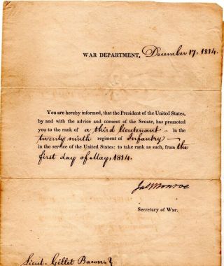 1814,  James Monroe,  Rare,  War Of 1812 Commission Letter Signed,