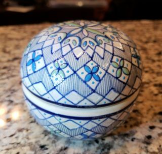 Servin Mexico Pottery Round Trinket Box Blue Stoneware 3 " Pastel Lid Flower