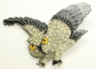 Vintage Art Deco Pot Metal Articulated Painted Enamel Rhinestone Owl Brooch Pin