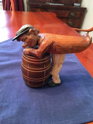Vintage Anri Carved Wood Mechanical Man And Barrel Box