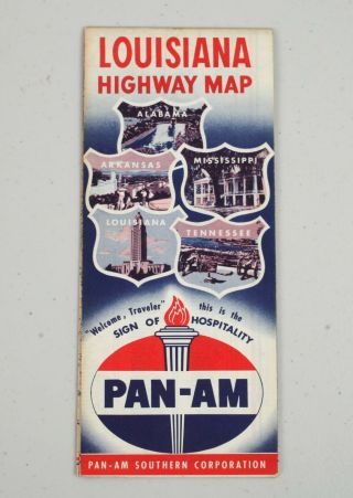 Vintage 1950s Gas Station Road Highway Map Pan Am Louisiana Orleans