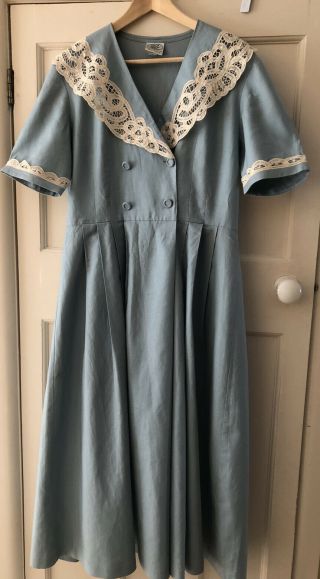 Vintage Laura Ashley Blue Linen/cotton Blend Lace Collar Long Dress - Uk 14