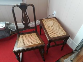 Vintage Hallway Wood Table & Rocking Chair With Rattan Wicker Seat