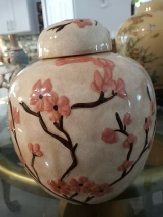 Vintage Hand Painted Ginger Jar W/ Lid Cherry Blossoms 10 " Inside Painted