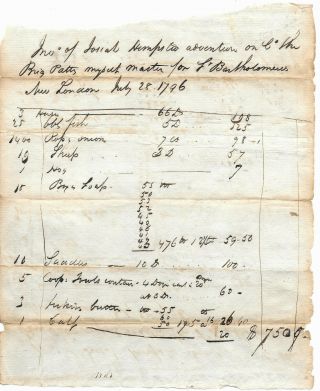 Inventory Of Ship " Patty " Captain Josiah Hempstead London Connecticut 1796