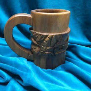Vintage Wooden Tiki Style Mug Cup W Handle Brown Tropical Carved Palm Tree & Hut
