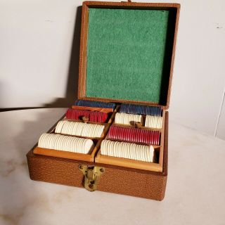 Vintage Lowes Wooden Leather Poker Chips Game Box Set