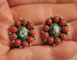 Vintage Navajo Oxblood Coral And Turquoise Cab Cluster Sterling Silver Earrings