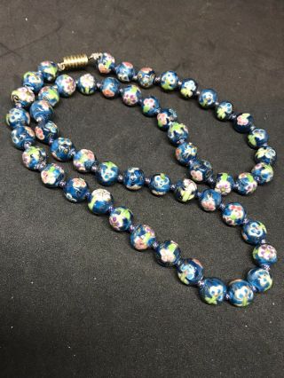 Vintage 1960s Chinese Export Painted Blue Porcelain Bead Necklace Pink Flowers