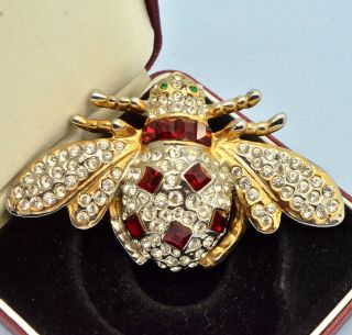 Vintage Bee Brooch 1940s Large Red & Clear Crystal Goldtone Bridal Jewellery