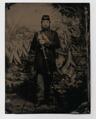 Armed Civil War Soldier Rifle Bayonet : 1860s Painted Whole Plate Tintype Photo