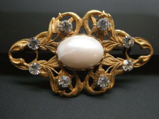 Vintage Miriam Haskell Faux Mabe Pearl Clear Rhinestone Gold Tone Ornate Brooch