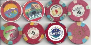8 Vintage $5 Casino Chips From Lake Tahoe,  Nevada Casinos - Below Face Value