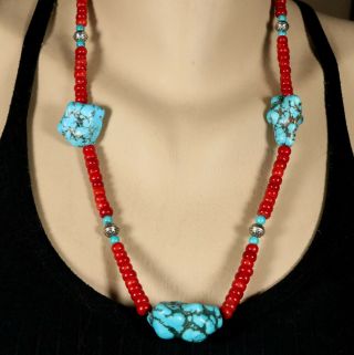 24 " Vintage Navajo Nugget Turquoise & Bamboo Coral Beads Sterling Necklace