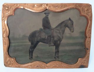 Rare Antique Outdoor Tintype Of Man On Standing Horse.  Civil War Soldier ?
