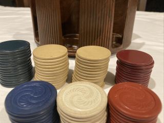 110 Vintage Spiral And Plain Clay Poker Chip Set And Brown Swirl Caddy Bakelite?