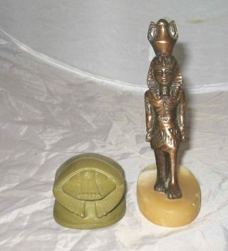 Egyptian Pharaoh On Marble Base,  Brass Scarab Paperweight Vintage