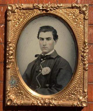 1/9th Plate Ruby Ambrotype Photograph Young Man Wearing Cockade Civil War Era