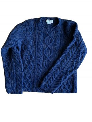 Womens L Vtg J Crew Blue Cable Hand Knit 100 Wool Sweater Fisherman 90s 00s