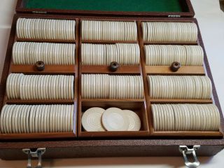 Vintage Clay Poker Chip Set In Lowes Wood Box / Case 300 Chips,  2 Decks Cards