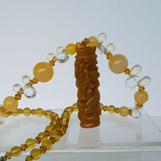 Vintage Chinese Carved Yellow Jade/agate Column Pendant Necklace Snake/fish