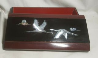 Vtg Japan Lacquer Ware Inlaid Mother Of Pearl Geese Birds Trinket Jewelry Box