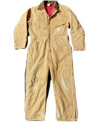 Carhartt Vintage Coveralls Mens Size 40 Short Tan With Red Insulated Made In Usa