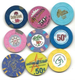 Assortment Of 9 Different.  50 Cent Casino Chips From All Over - 6