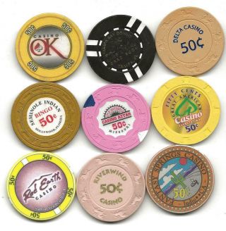 Assortment Of 9 Different.  50 Cent Casino Chips From All Over - 5