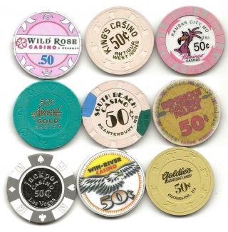 Assortment Of 9 Different.  50 Cent Casino Chips From All Over - 4