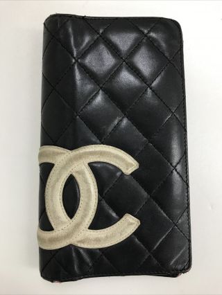 Authentic Vintage Chanel Lambskin Black White Cc Logo Long Folding Wallet