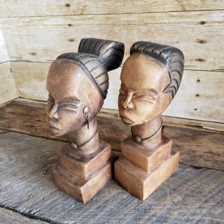 Pair Carved Wood African Bust Heads Tribal Sculpture Couple 8in Ebony Africa Art
