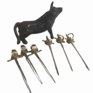 Vintage Miniature Toledo Swords Mini Cocktail Toothpick 6 Sword With Bull Stand