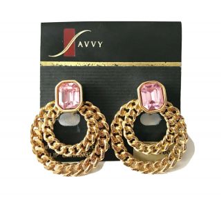 Vintage S.  A.  L.  Swarovski Savvy Crystal Earrings Clip Ons Pink Stone Gold Tone