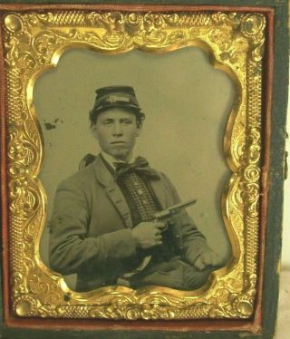 1862 Civil War Soldier With Colt Pistol Orig.  Framed Tintype Photograph In Case