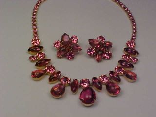 Gorgeous Vintage Signed Weiss Goldtone & Pink Rhinestone Necklace & Earrings Set