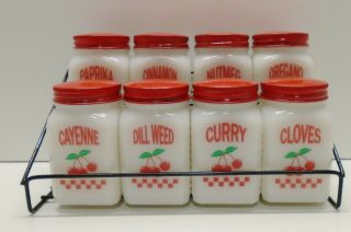 8 Vintage Tipp City Milk Glass Spice Shakers Black Metal Caddy Cherries Decals