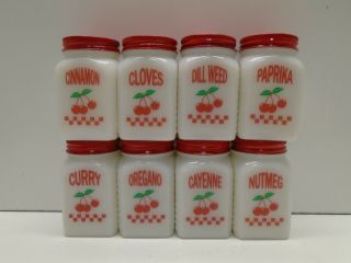 8 Vintage Tipp City Milk Glass Spice Shakers Black Metal Caddy CHERRIES DECALS 2