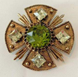 Vintage Dodds Maltese Cross Brooch Pendant Peridot & Light Green Tone Rhinestone