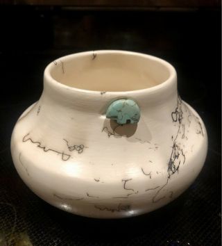 Native American Horse Hair Pottery Vase W/turquoise Bear Signed Holmes