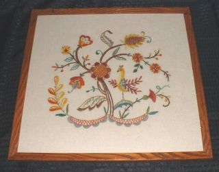 Vtg Hand Embroidered Crewel Dutch Bird Floral Flowers Picture Oak Frame 19 X 18