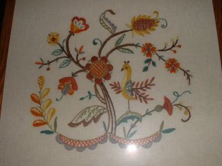 Vtg Hand Embroidered Crewel Dutch Bird Floral Flowers Picture Oak Frame 19 X 18 2
