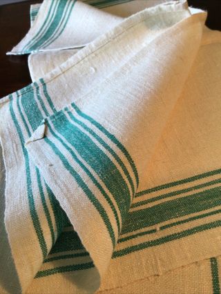 3 Vintage Rustic Homespun European Flax Linen Kitchen Towels Green Stripe