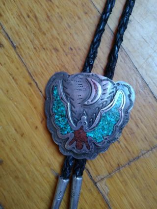Vtg Bennett Sterling Silver Bolo Tie Turquoise & Coral
