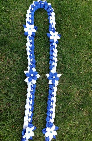 Graduation Lei,  Handmade With 2 Color Of Satin Ribbons In Blue And White
