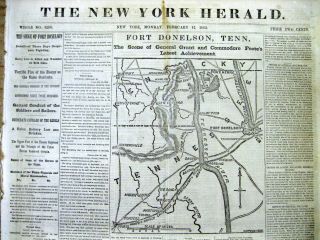 1862 Civil War Headline Newspaper W Large Map Battle Of Fort Donelson Tennessee
