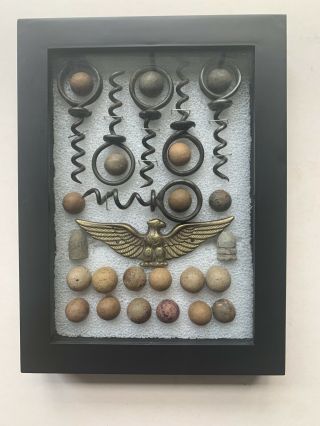 Vintage Civil War Era Items In Display Case Corkscrews,  Marbles,  Bullets,  Eagle