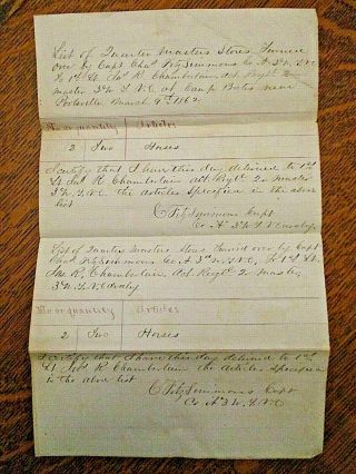 1862 Civil War Quartermaster Horse Invoice - Cpt Fitzsimmons/j Chamberlain