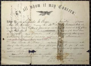 Civil War Discharge Paper Charles A.  Bean B Company 30th Regiment Wisconsin Vols